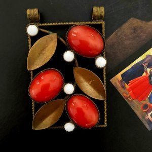 Vintage copper pendant with coral and white cabochons